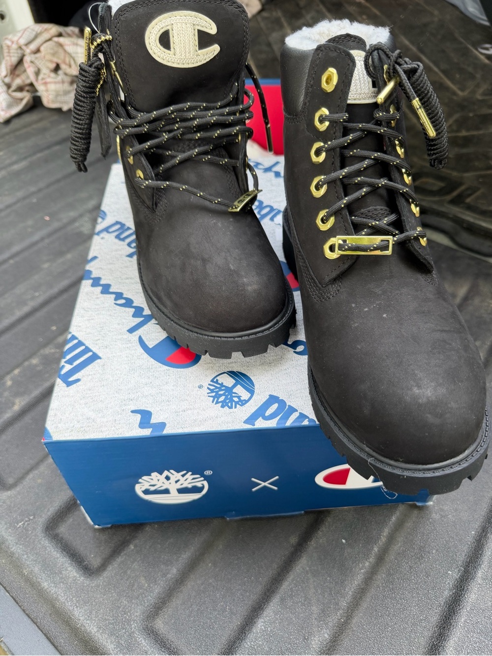 Timberland Black Lace-Up Work Boots with Gold Hardware